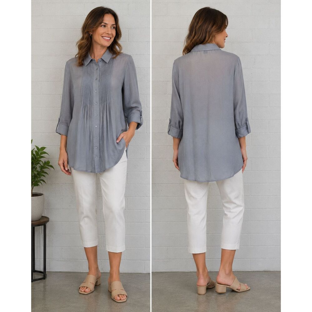 Alfani Large 12 14 Dove Gray Pintucked Bib Button Front Semi-Sheer Tunic Top
